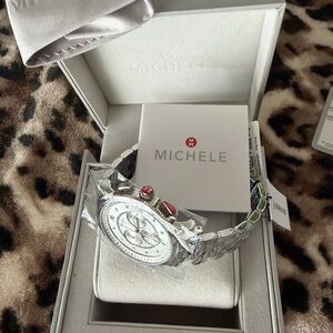 Michele Silver Watch with Red Details